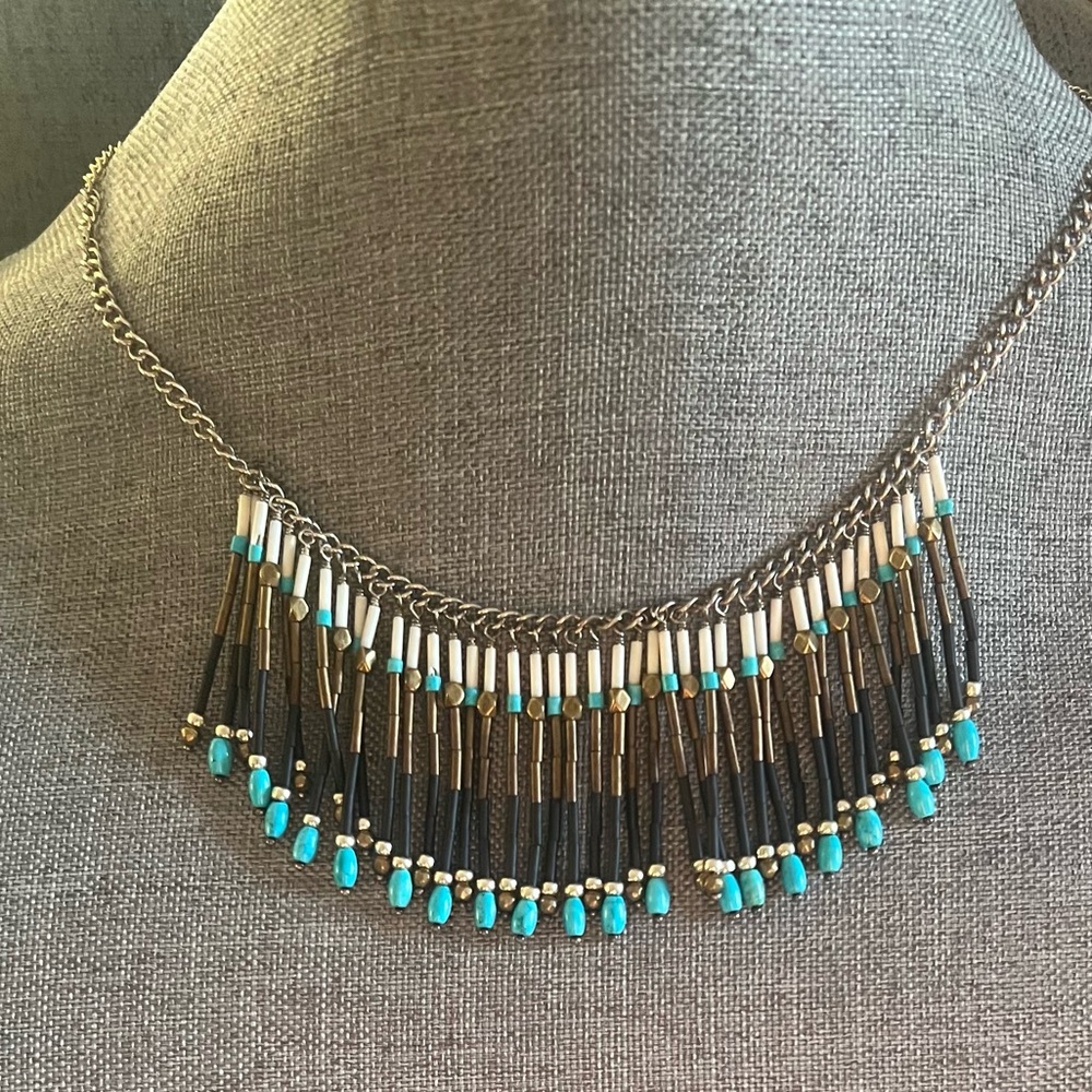 Silpada Fringe Necklace Blue Turquoise Howlite Gems Southwest Brass Western - Picture 2 of 11